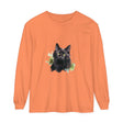 Long sleeve black t-shirt with watercolor splash design of a cat