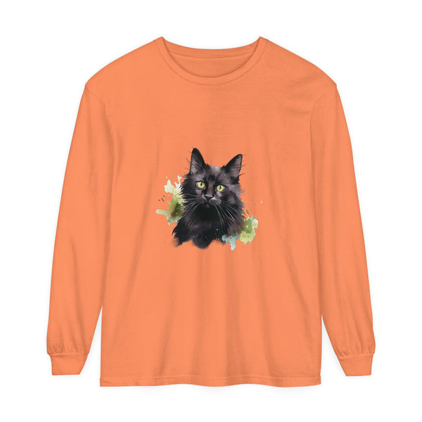 Long sleeve black t-shirt with watercolor splash design of a cat