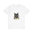 Black short-haired cat with bright yellow eyes sitting on a tree branch, printed on a high-quality cotton t-shirt