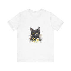 Black short-haired cat with bright yellow eyes sitting on a tree branch, printed on a high-quality cotton t-shirt