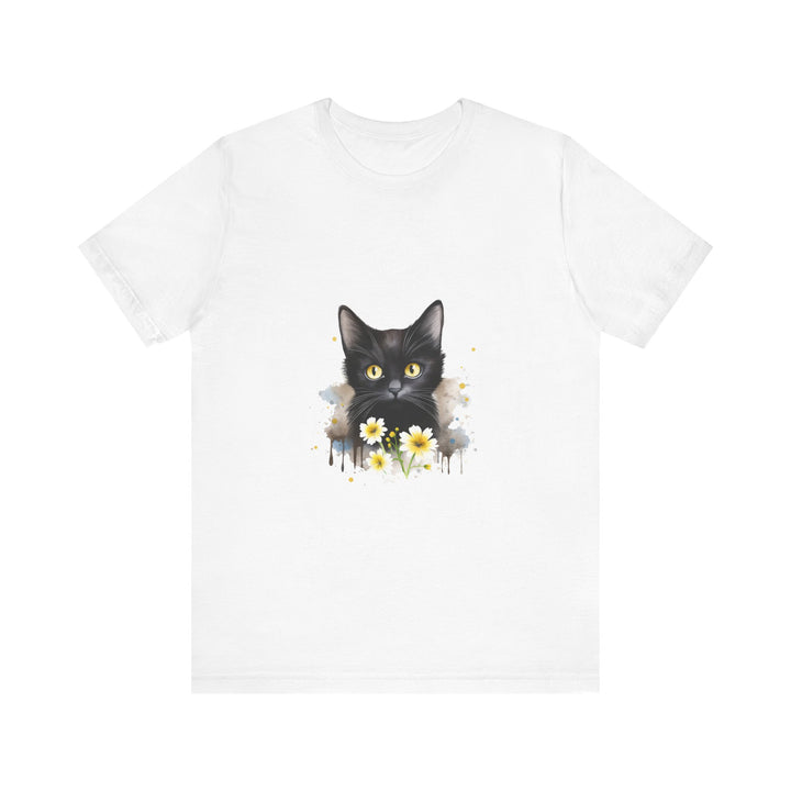 Black short-haired cat with bright yellow eyes sitting on a tree branch, printed on a high-quality cotton t-shirt