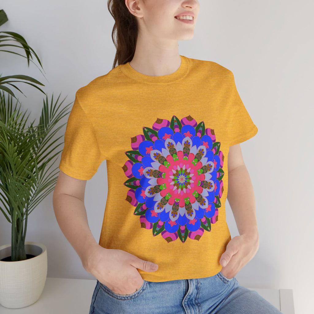 Vibrant and intricate mandala design t-shirt in various geometric shapes and colors