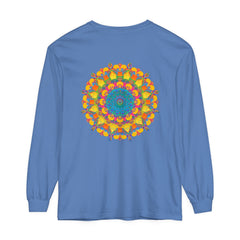 Colorful and intricate mandala design on a unisex long sleeve t-shirt