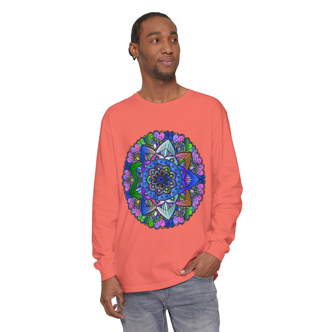 Colorful and intricate mandala design on a unisex long sleeve t-shirt