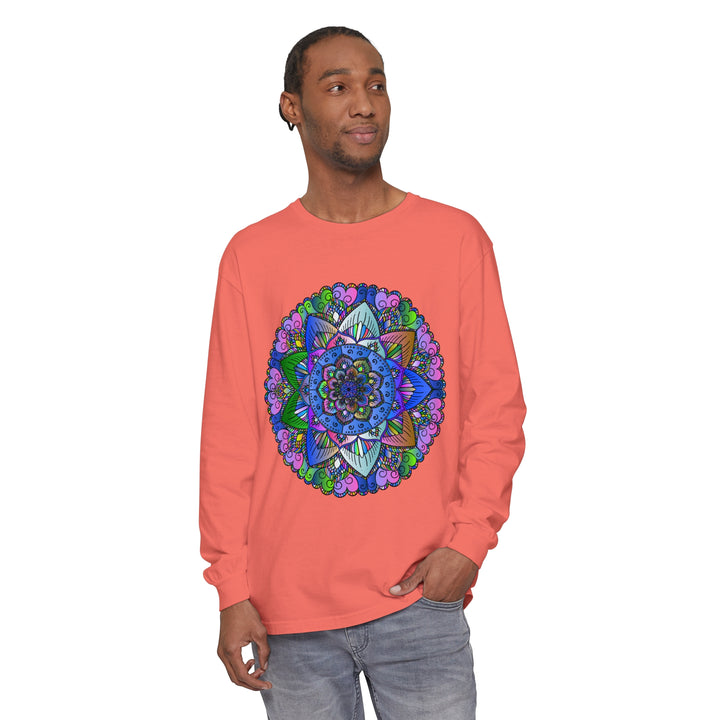 Colorful and intricate mandala design on a unisex long sleeve t-shirt