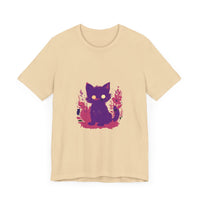 A whimsical purple t-shirt featuring a mysterious cat design