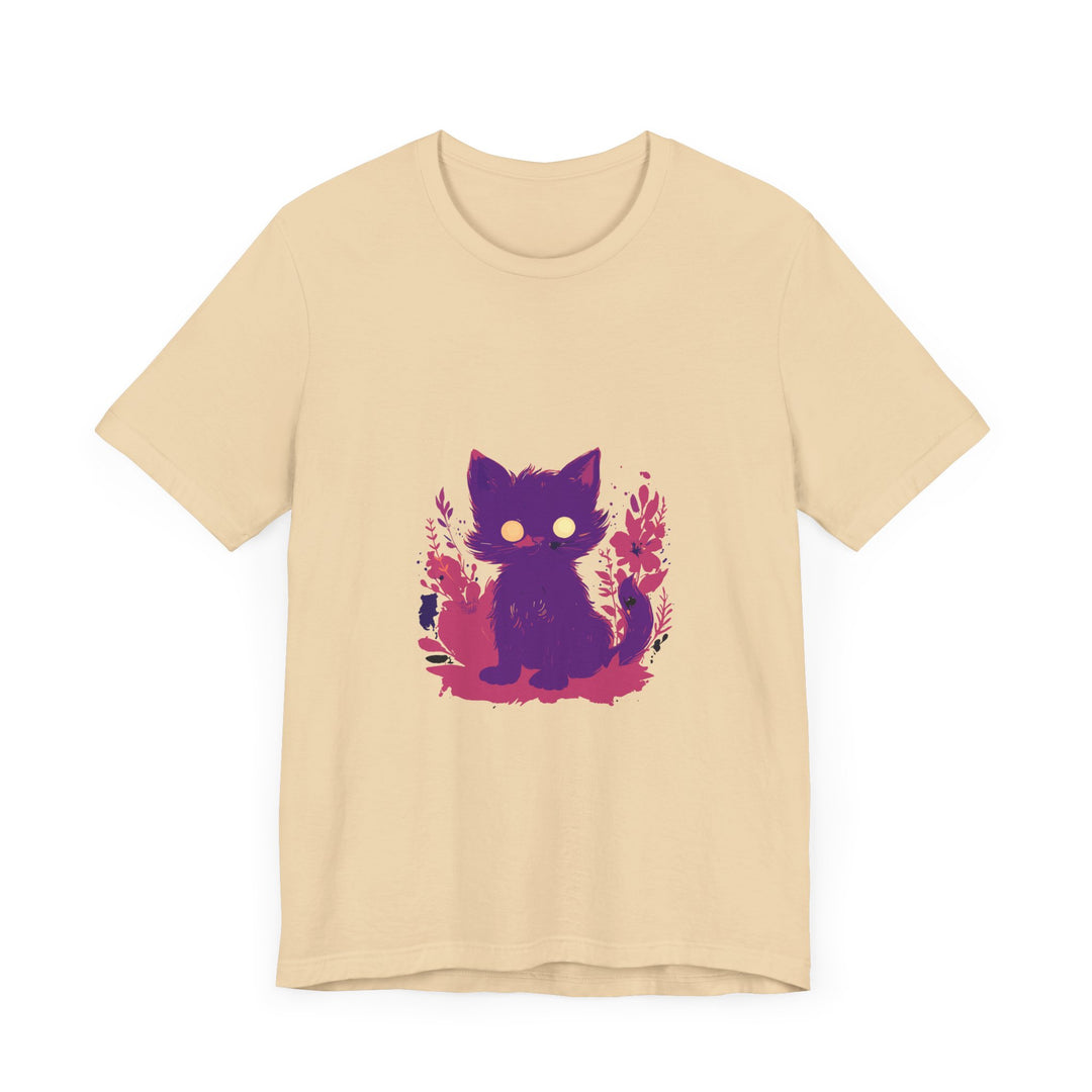 A whimsical purple t-shirt featuring a mysterious cat design