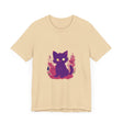 A whimsical purple t-shirt featuring a mysterious cat design