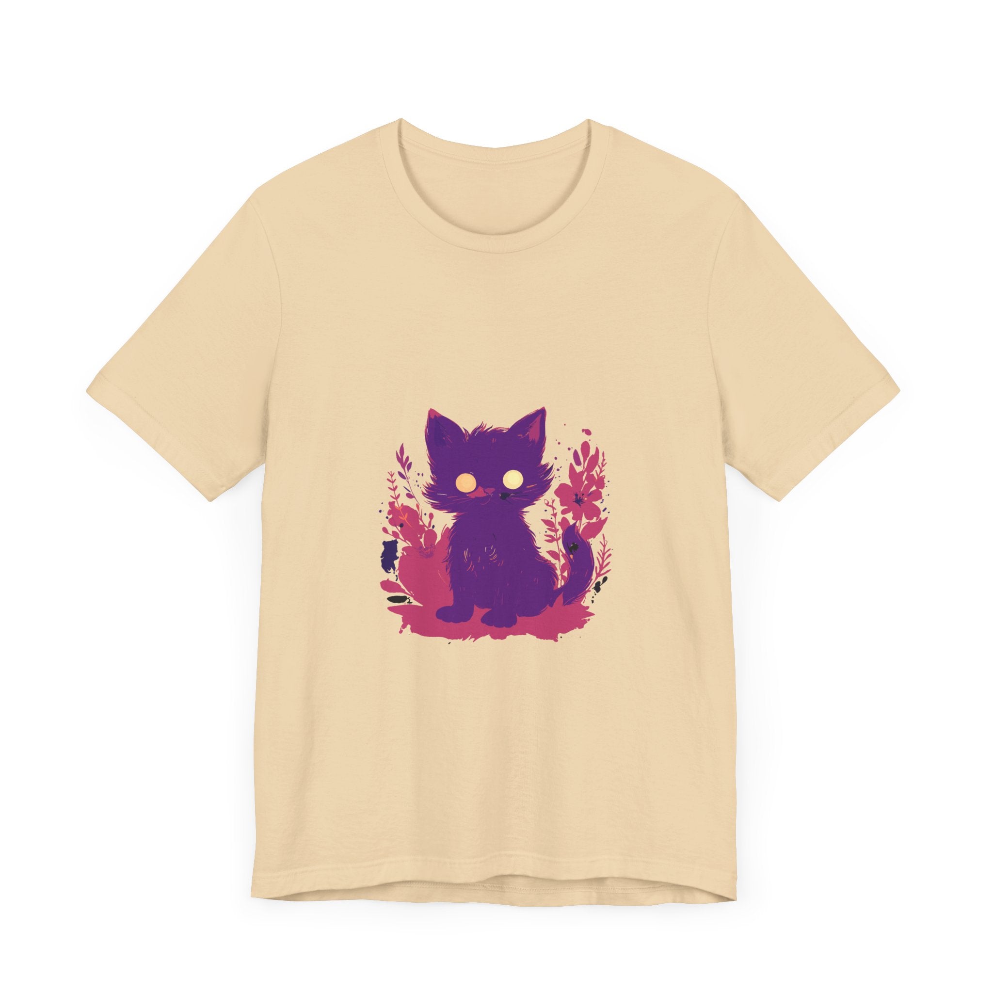 A whimsical purple t-shirt featuring a mysterious cat design