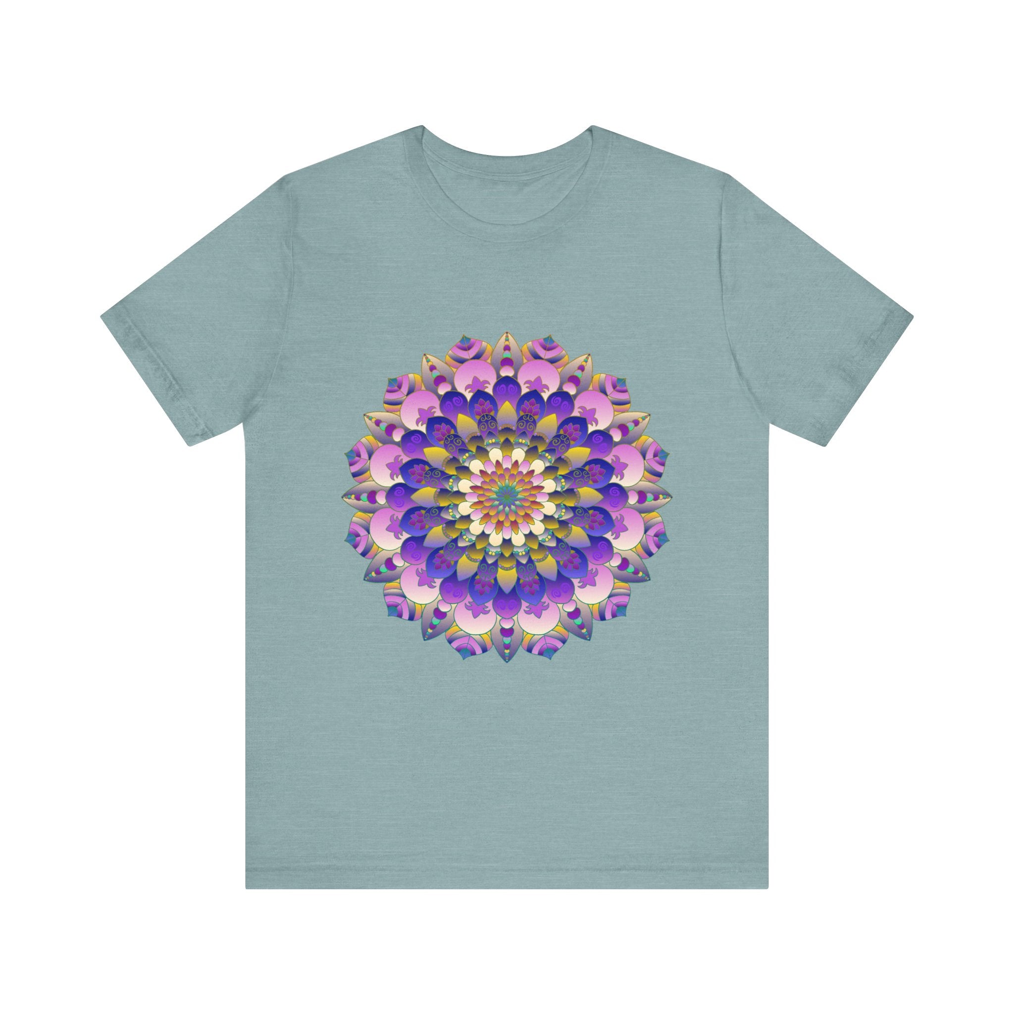 Vibrant, multicolored mandala flower design on a t-shirt, representing spiritual art and symbolism in a unique and eye-catching fashion piece