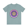 Vibrant, multicolored mandala flower design on a t-shirt, representing spiritual art and symbolism in a unique and eye-catching fashion piece