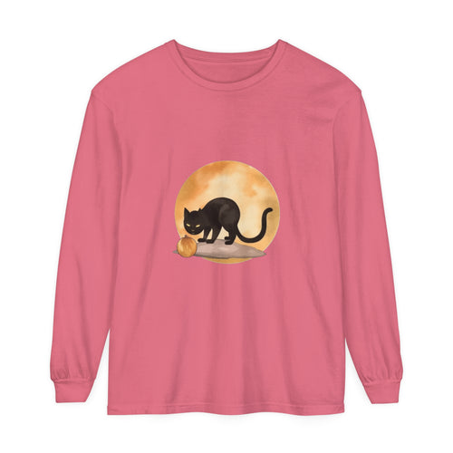 A spooky black cat and full moon Halloween t-shirt with bats
