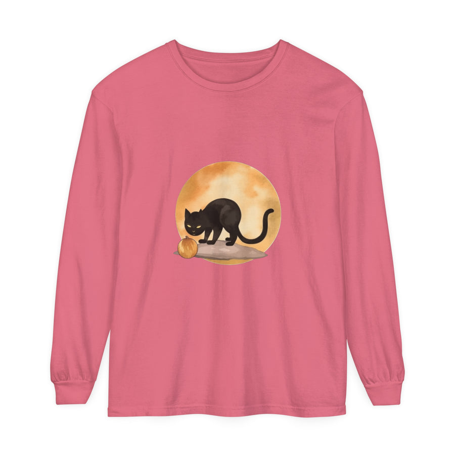 A spooky black cat and full moon Halloween t-shirt with bats