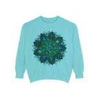 A cozy teal and blue sweatshirt featuring an intricate mandala design