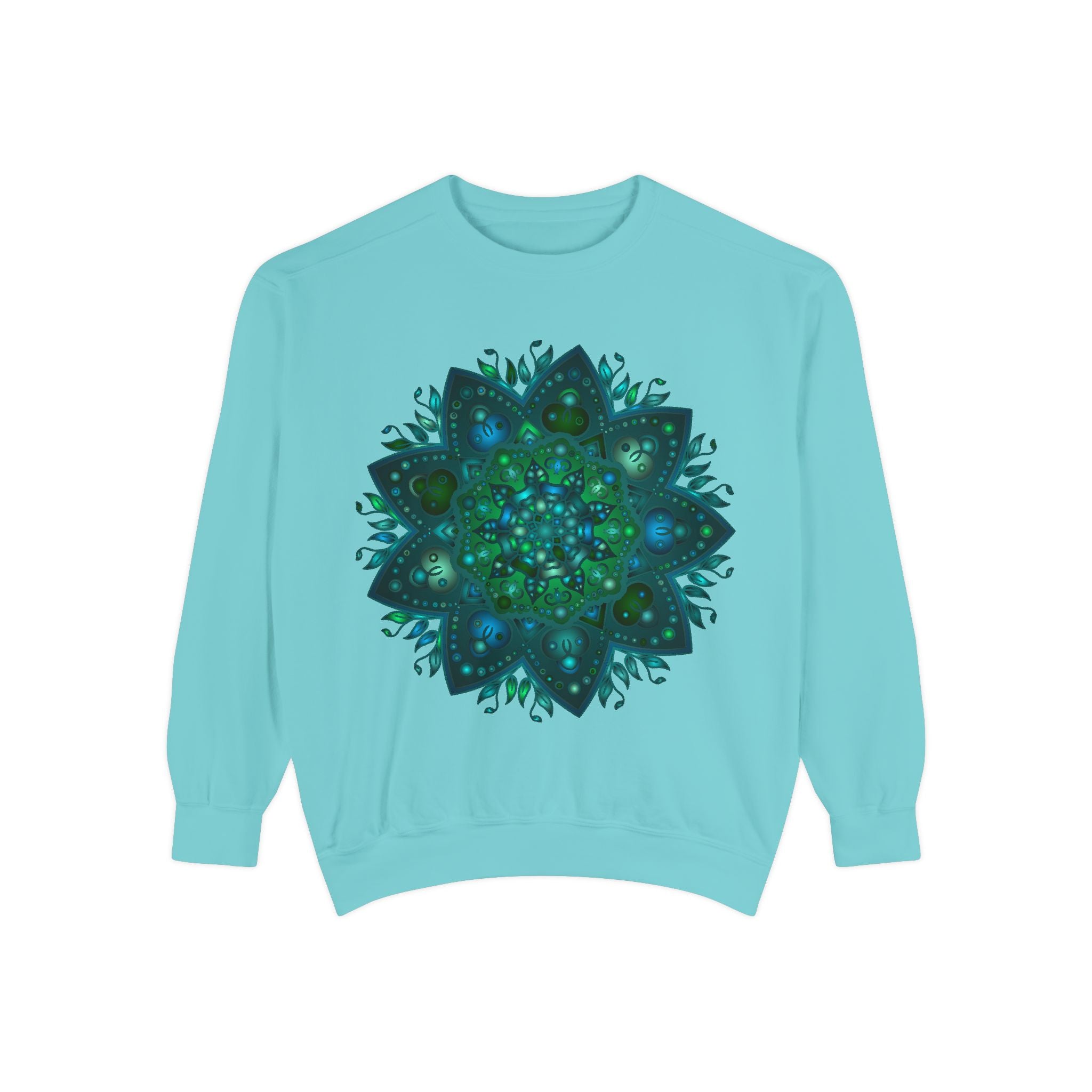 A cozy teal and blue sweatshirt featuring an intricate mandala design