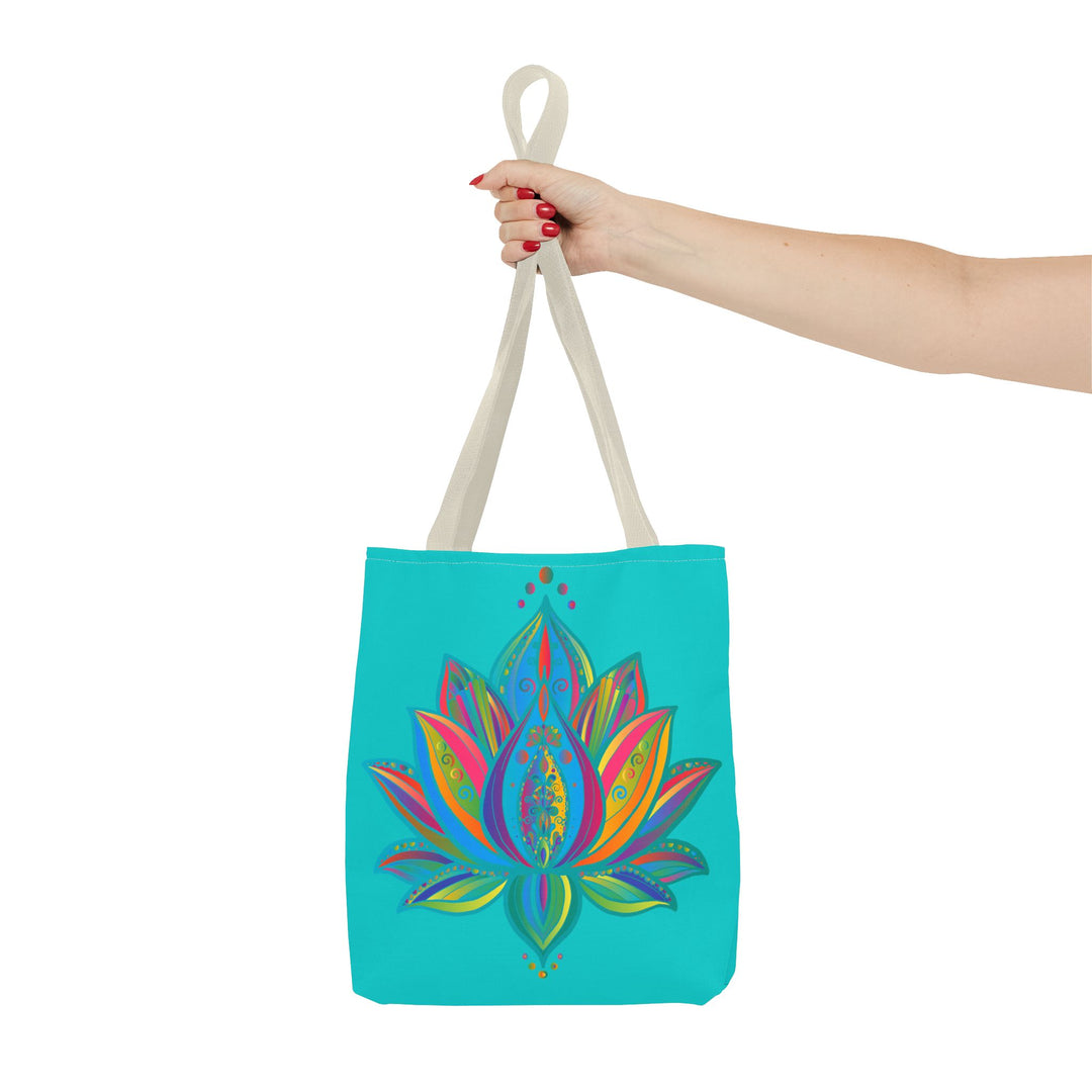 A beautiful mandala lotus tote bag in a stunning azure color