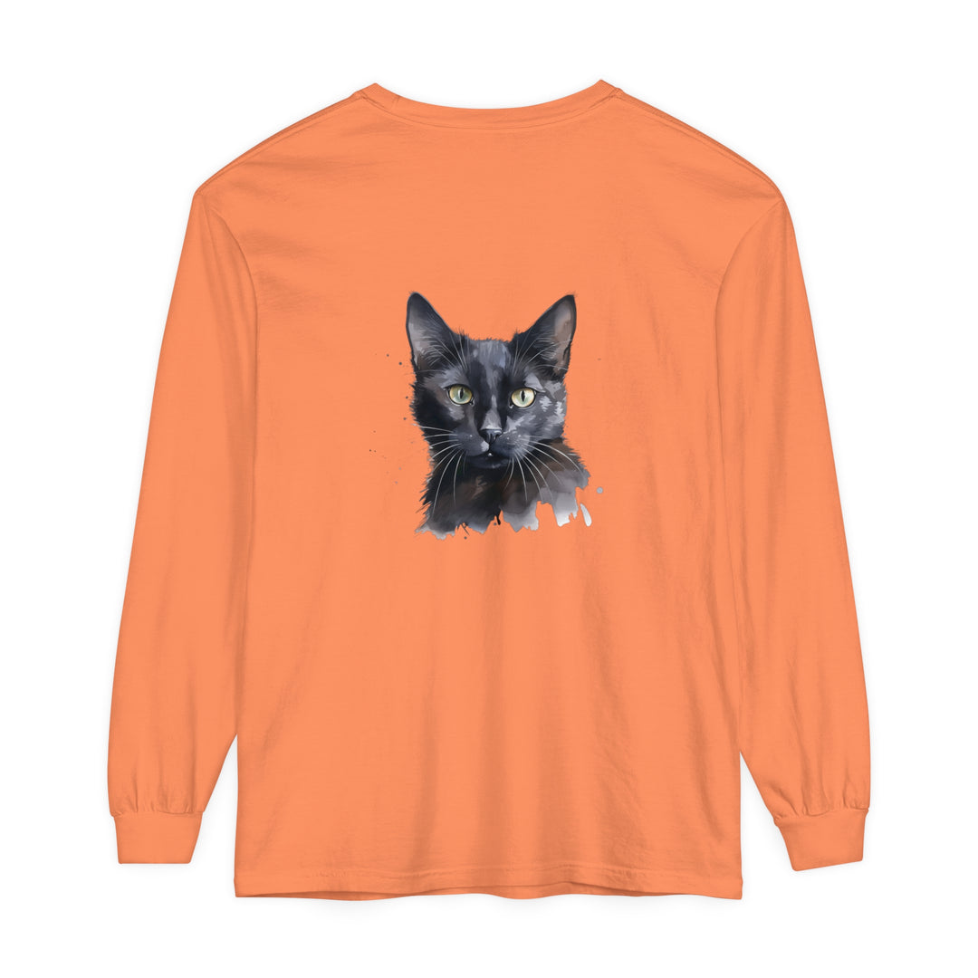 Black Cat Watercolor - Mystical Long Sleeve T-Shirt featuring a stunning watercolor design of a black cat against a mystical backdrop