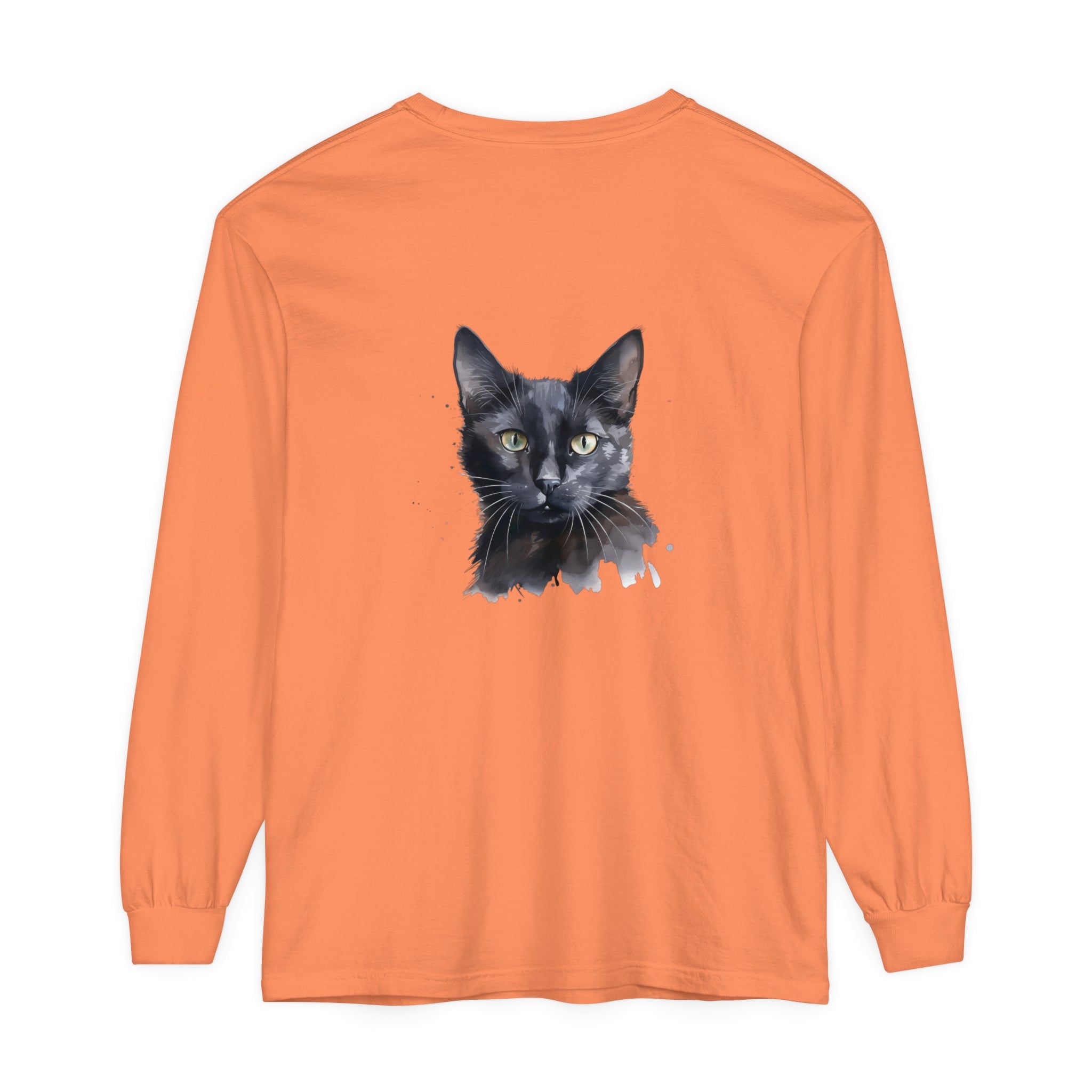 Black Cat Watercolor - Mystical Long Sleeve T-Shirt featuring a stunning watercolor design of a black cat against a mystical backdrop
