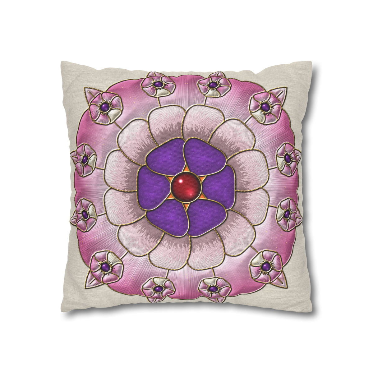 Federa quadrata con motivo a mandala floreale rosa e viola
