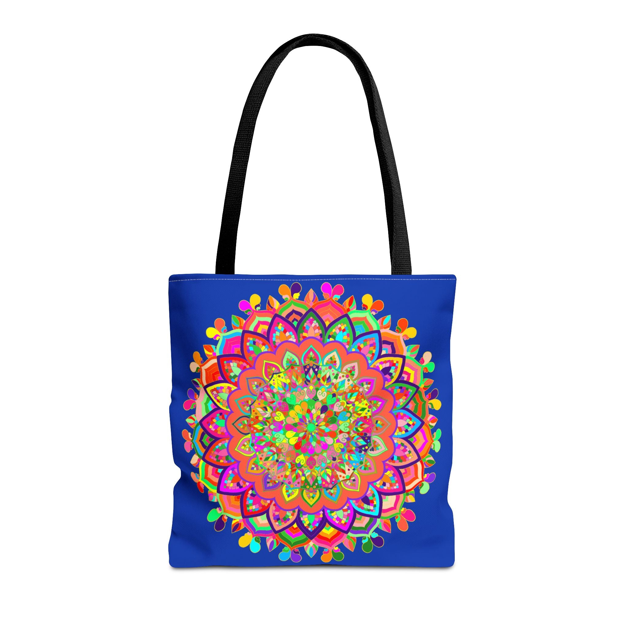 Colorful mandala art tote bag with intricate patterns in shades of dark blue and vibrant colors, perfect for carrying everyday essentials in style