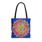 Colorful mandala art tote bag with intricate patterns in shades of dark blue and vibrant colors, perfect for carrying everyday essentials in style