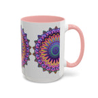 A close-up image of a mandala mug featuring vibrant, intricate art on a grey background