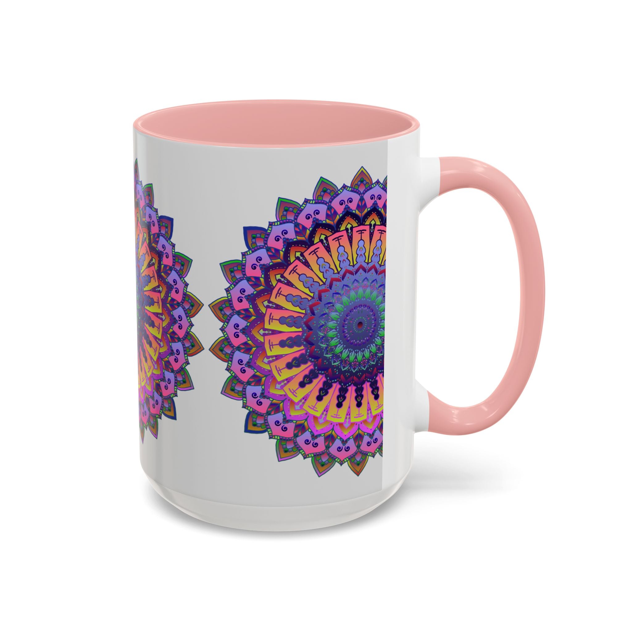 A close-up image of a mandala mug featuring vibrant, intricate art on a grey background