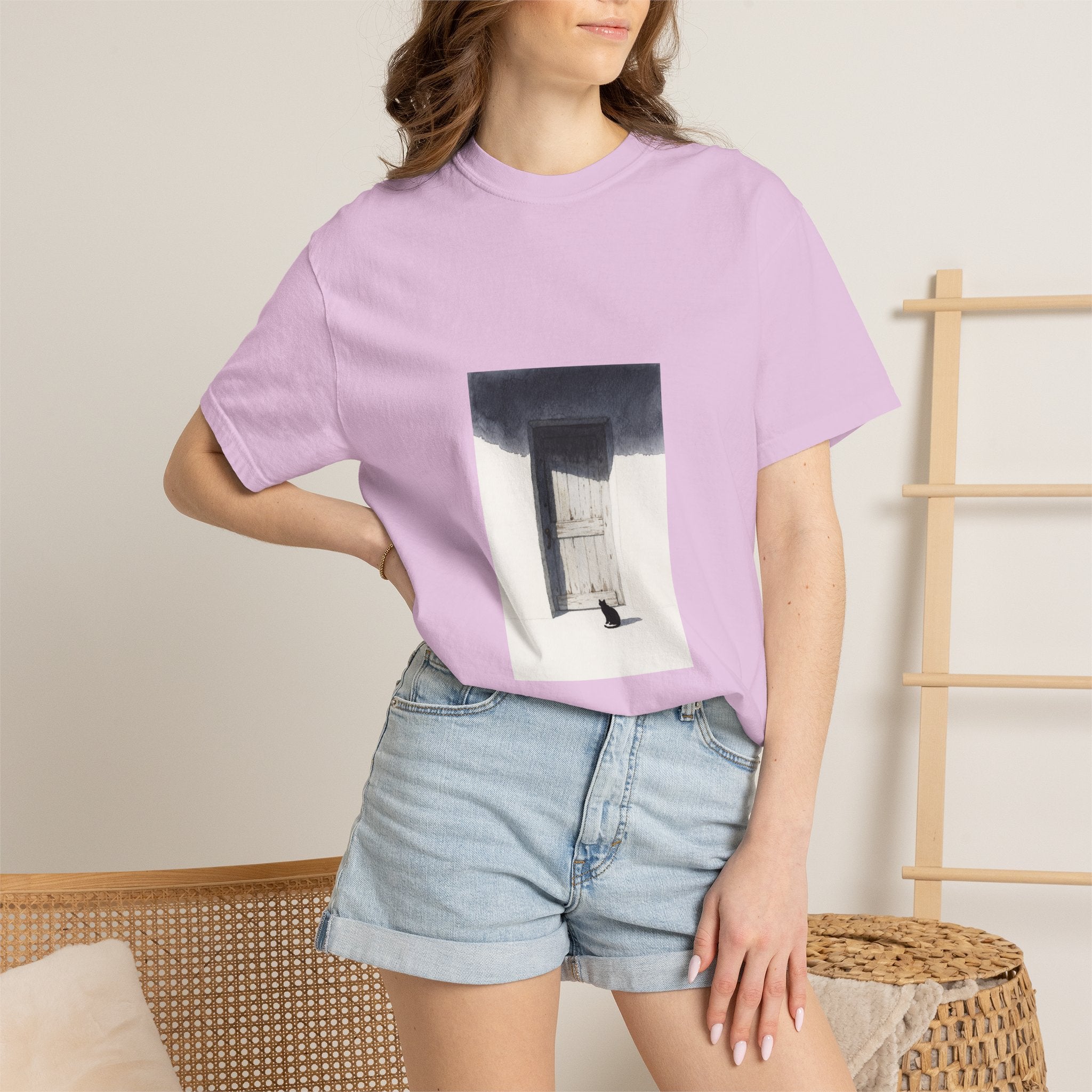 T-Shirt — Minimal Art Cat at Door Graphic Tee