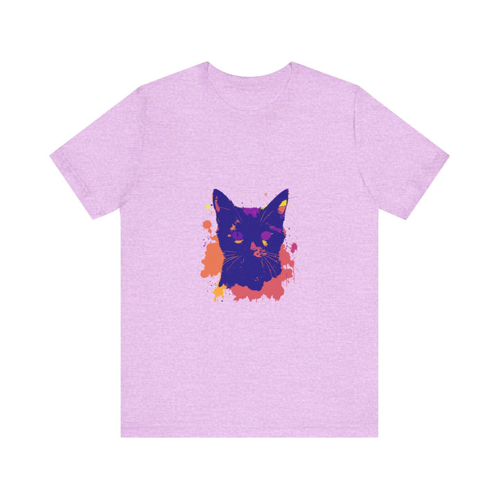 Black Cat Mystery - Colorful Splatter T-Shirt in black and orange with cat silhouette and paint splatter design