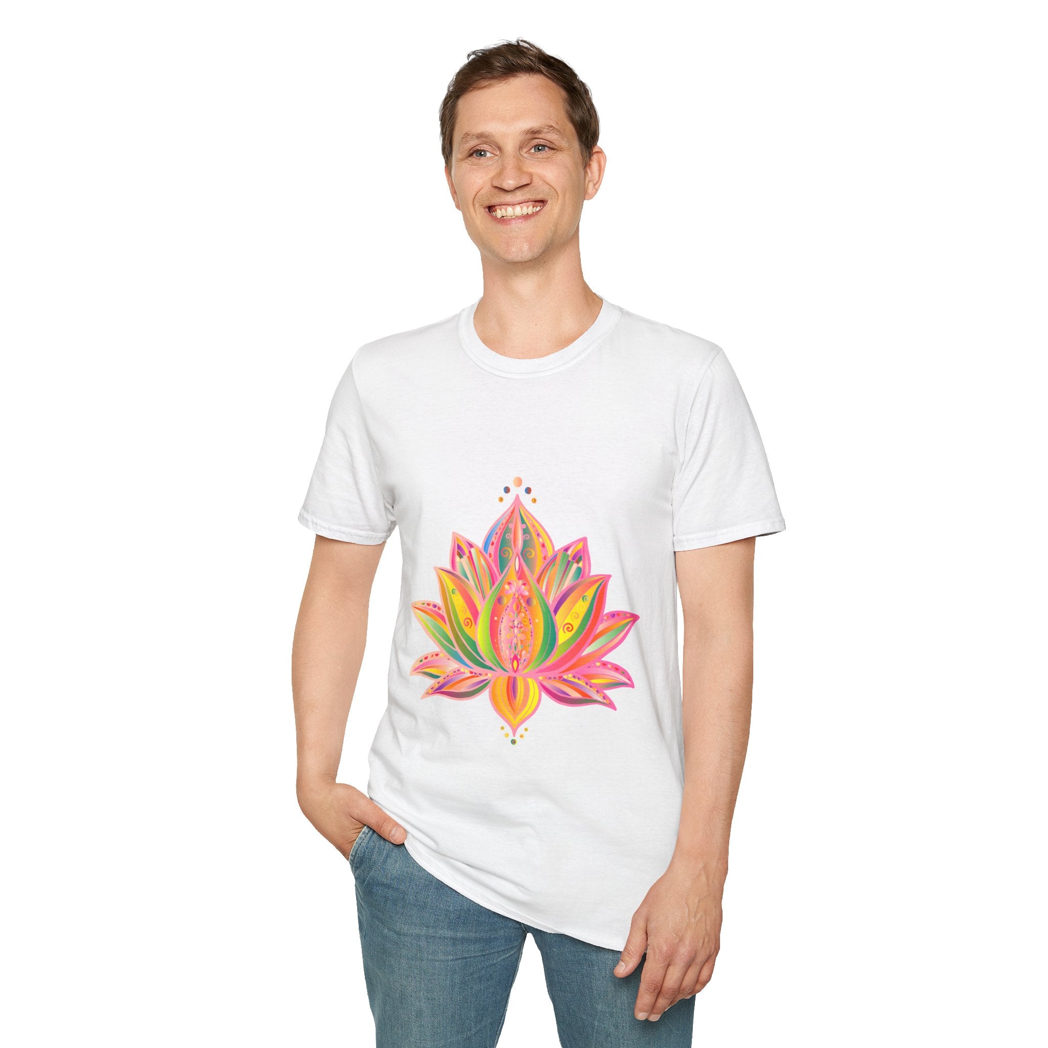 Lotus Mandala Unisex T-Shirt featuring a hand-drawn, unique design by Blululi