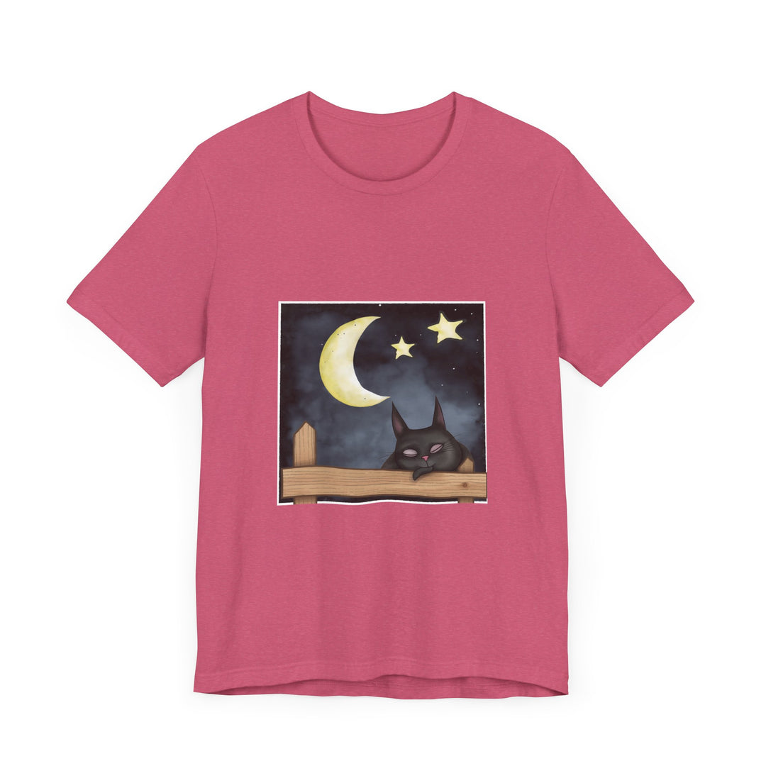 Sleepy Cat Moonlit Night T-Shirt featuring a cute cat lounging under the moon and stars on a soft, comfortable t-shirt