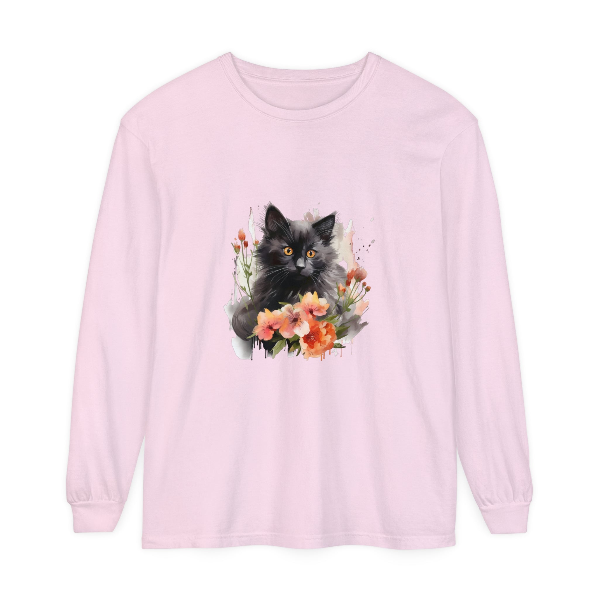 Beautiful watercolor t-shirt featuring a black cat surrounded by vibrant flowers