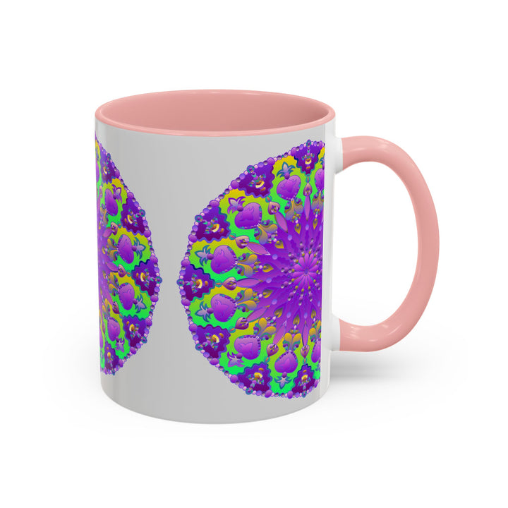 A purple mandala mug with vibrant art on a grey background