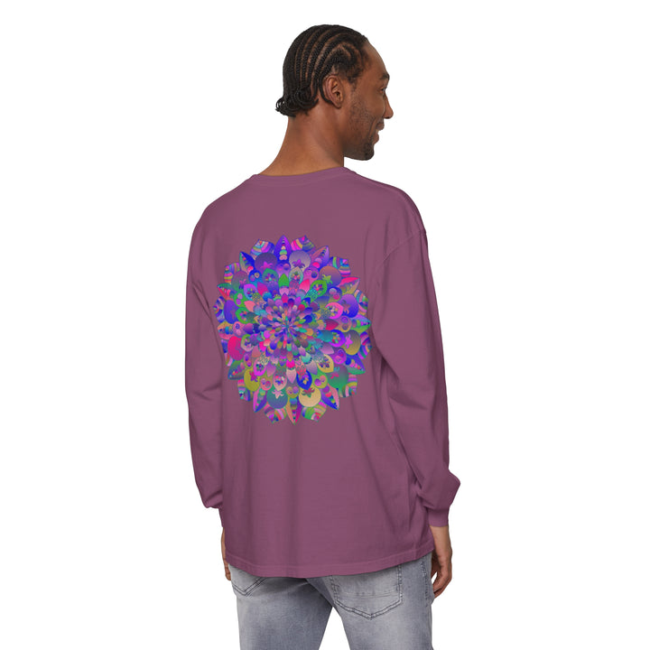 Colorful and intricate mandala design printed on a comfortable long sleeve t-shirt