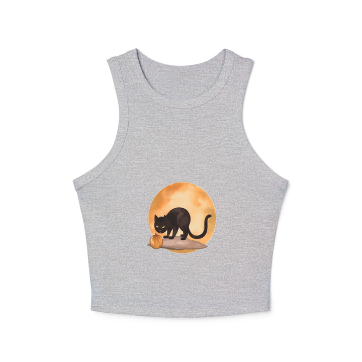 Black Cat Moonlit Pumpkin Racerback Tank Top on black background with full moon and cat silhouette