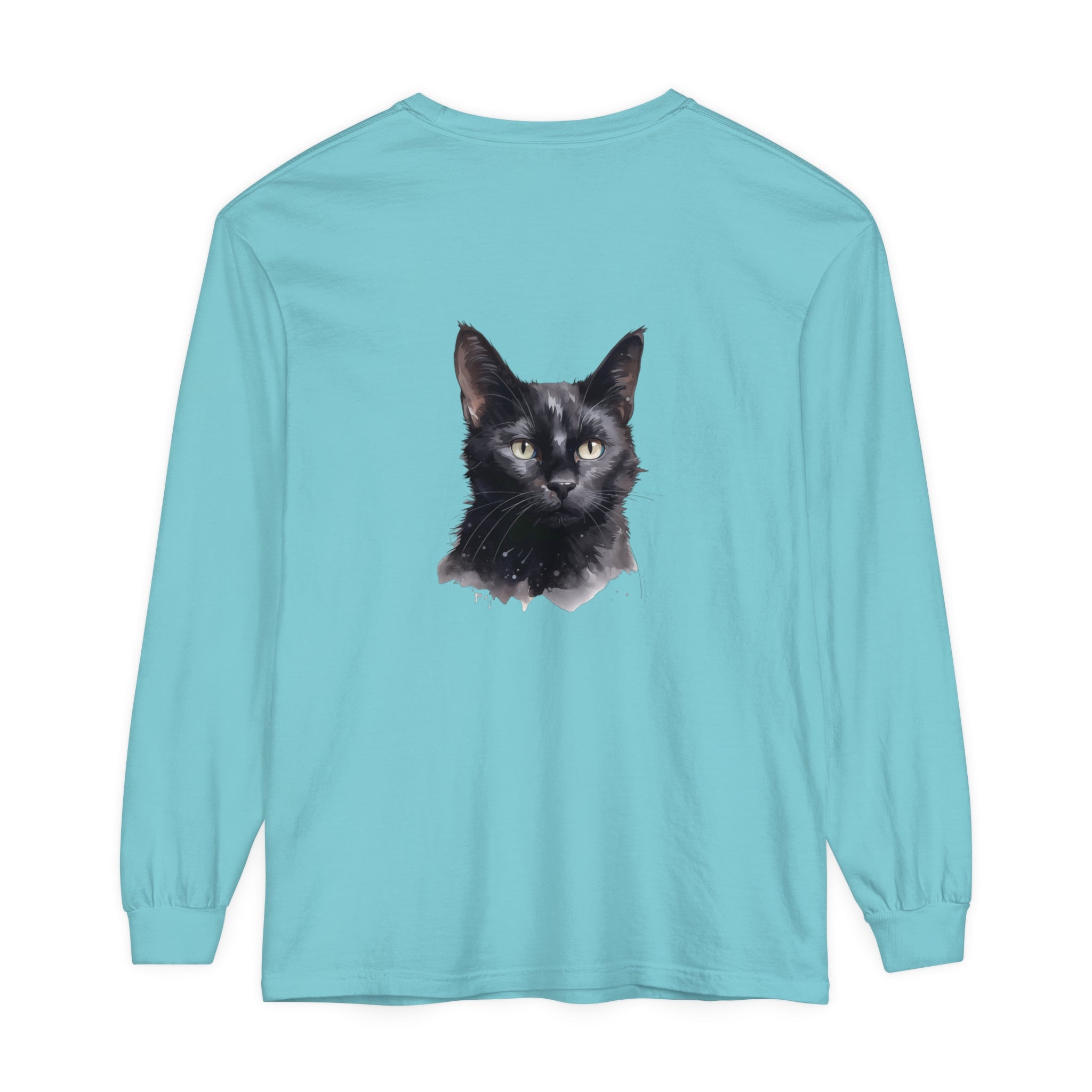 Black Cat Watercolor Unisex Long Sleeve T-Shirt with vibrant, hand-painted feline design