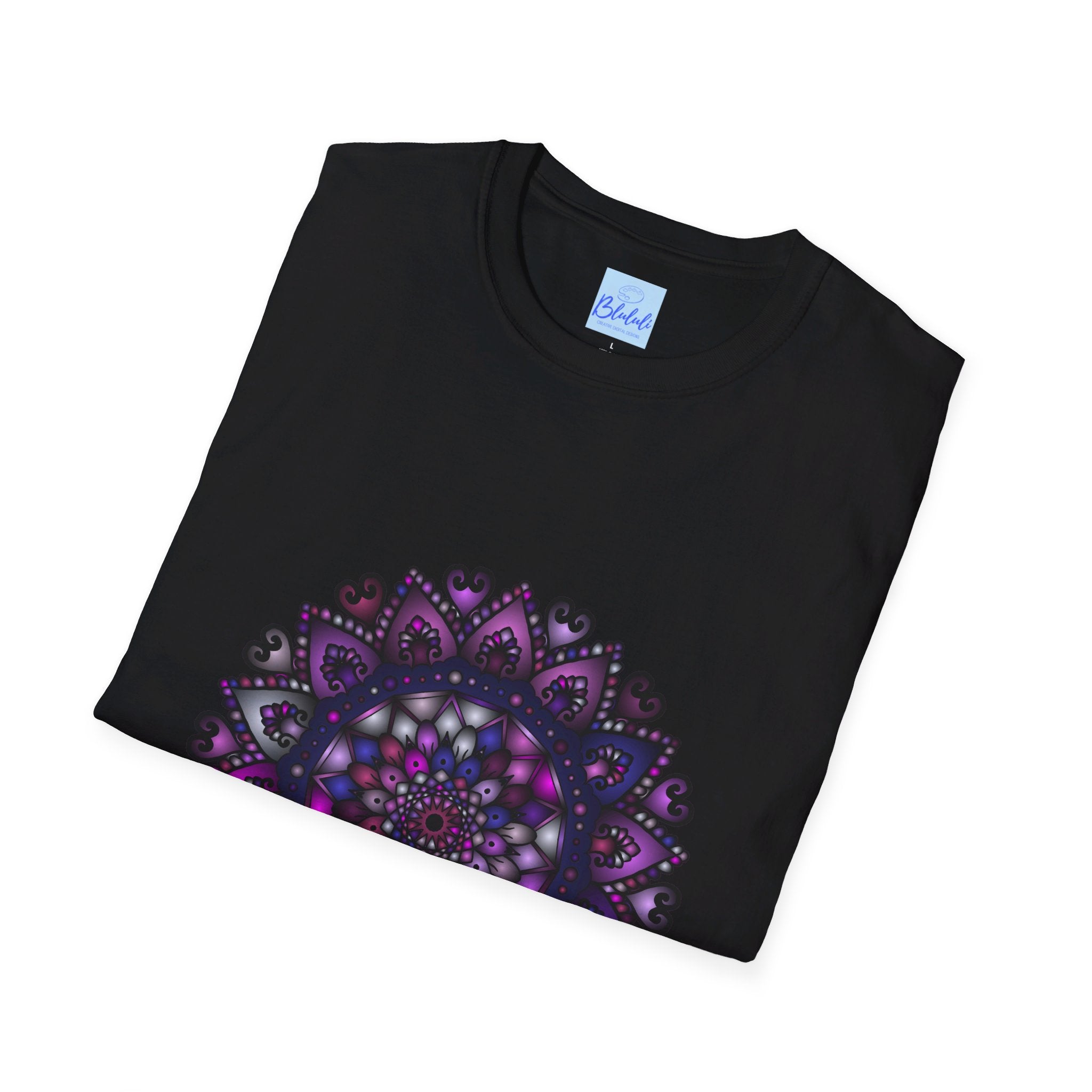 Vibrant purple mandala art softstyle unisex t-shirt with unique hand-drawn design