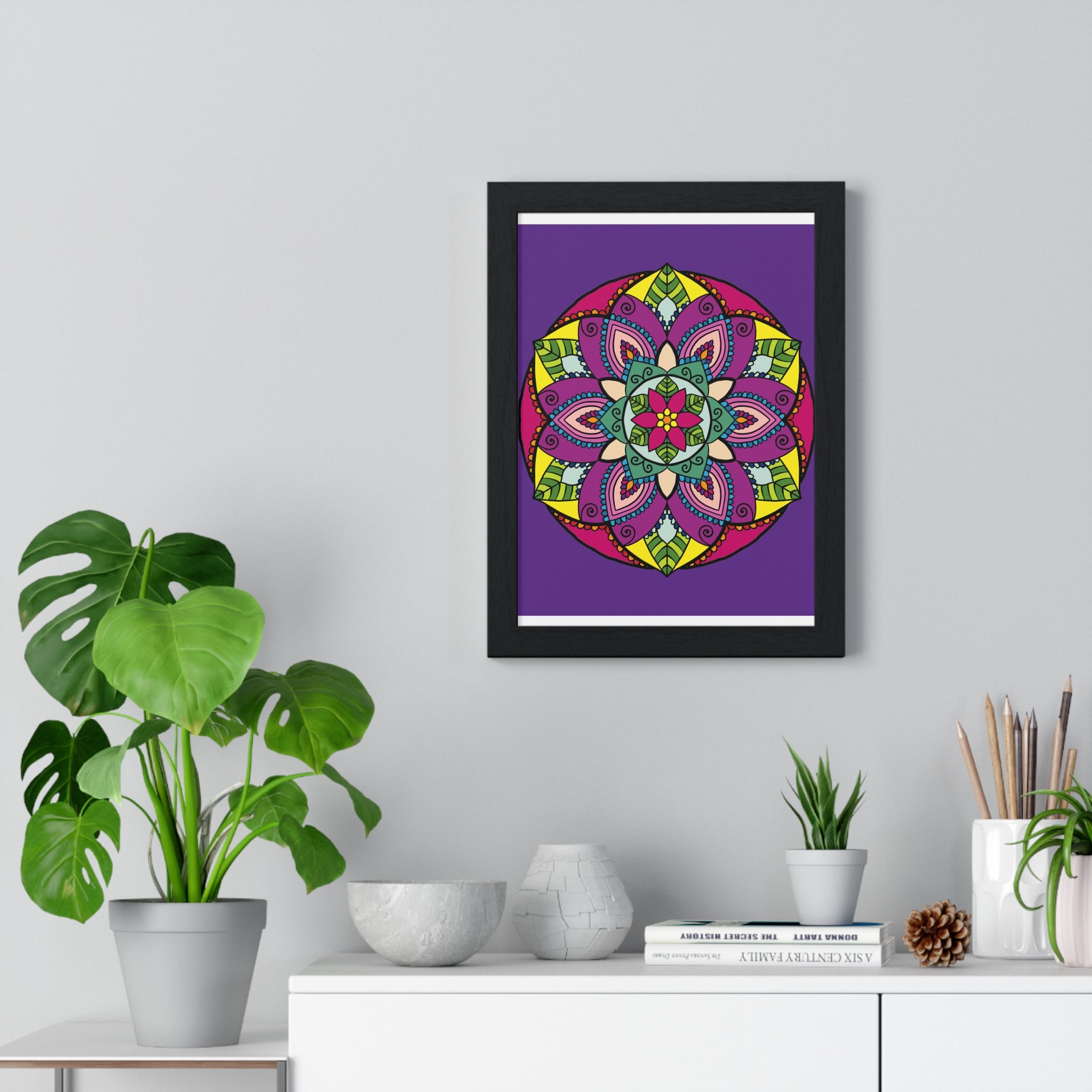 Vertical framed poster featuring a hand-drawn purple mandala art, perfect for mindfulness and yoga practice