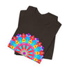 Vibrant and intricate mandala design t-shirt with psychedelic colors and art