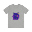 Adorable Whimsical Blue and Pink Cat T-Shirt with Playful Feline Design