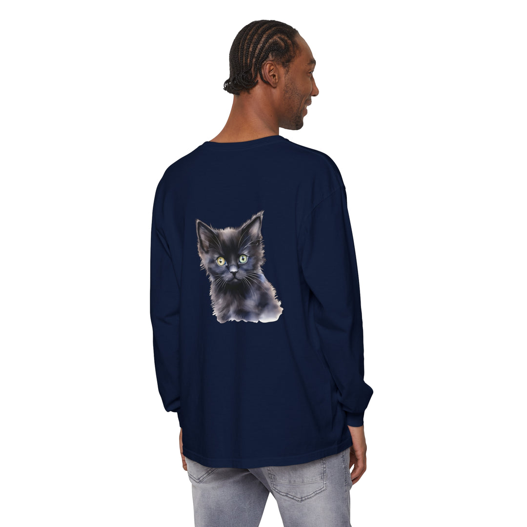 Black unisex long sleeve t-shirt with a mystical kitten design