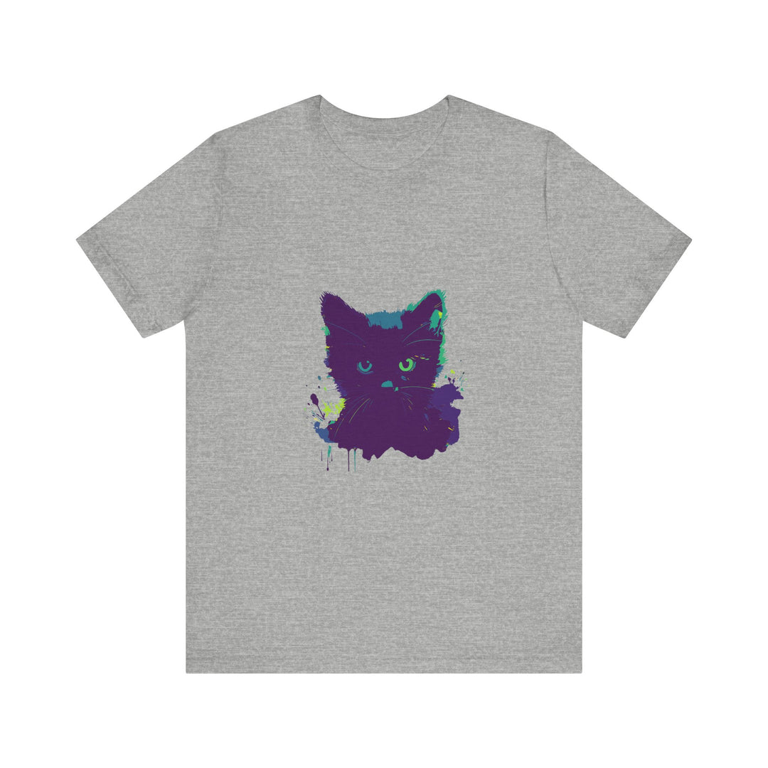 A close-up image of a Black Cat Mystery Watercolor T-Shirt with vibrant, hand-painted watercolor design on a soft, comfortable fabric