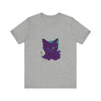 A close-up image of a Black Cat Mystery Watercolor T-Shirt with vibrant, hand-painted watercolor design on a soft, comfortable fabric