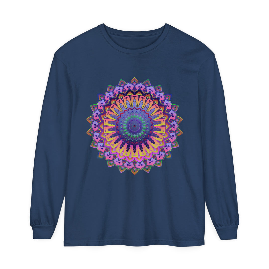 Intricate Mandala Unisex Long Sleeve T-Shirt featuring detailed hand-drawn design in vibrant colors