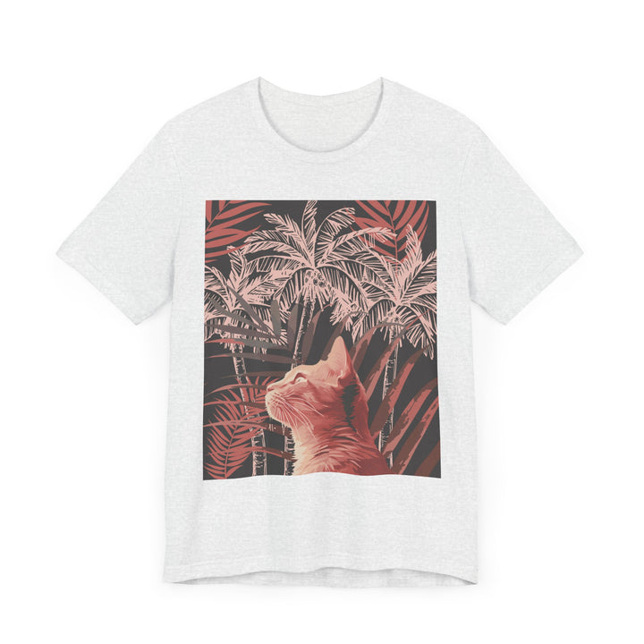 A cute ginger cat lounging under a palm tree on a vibrant tee shirt