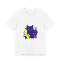 Black Cat Mystery Neon Flower T-Shirt: A bold and vibrant graphic tee featuring a mysterious black cat surrounded by neon-colored flowers