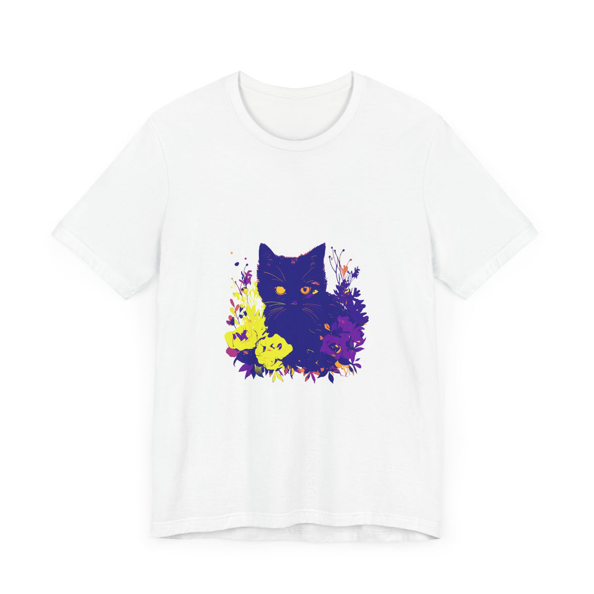 Black Cat Mystery Neon Flower T-Shirt: A bold and vibrant graphic tee featuring a mysterious black cat surrounded by neon-colored flowers