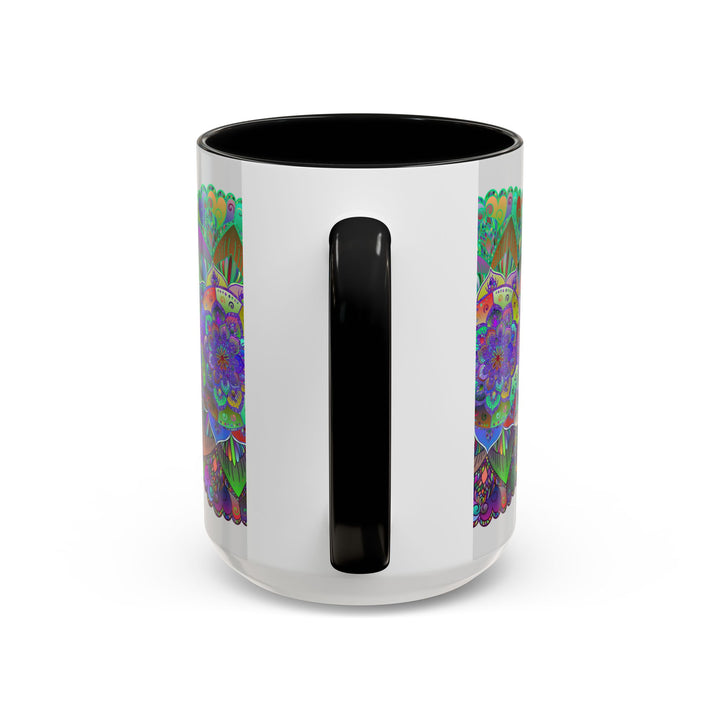 Colorful and intricate mandala art design on ceramic mug with handle