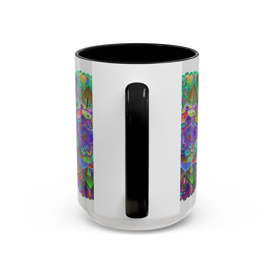 Colorful and intricate mandala art design on ceramic mug with handle