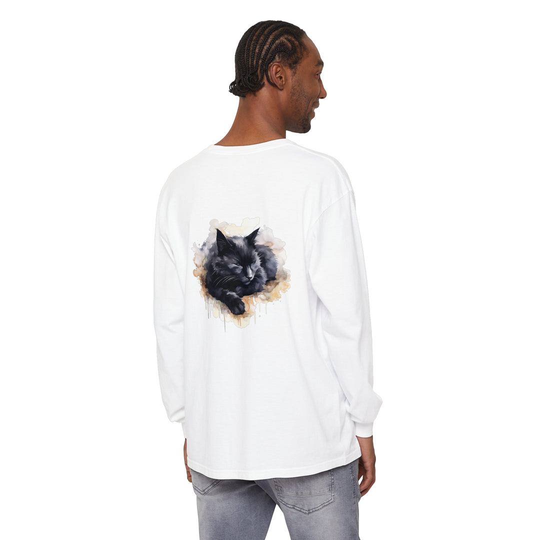 A watercolor illustration of a sleeping black cat on a t-shirt